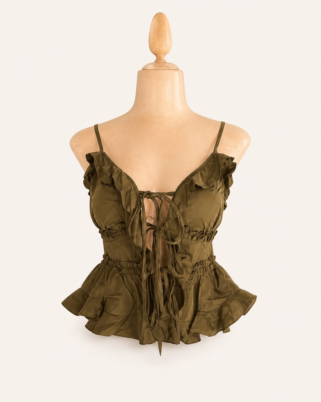 Blusa olivo con volantes y lazos